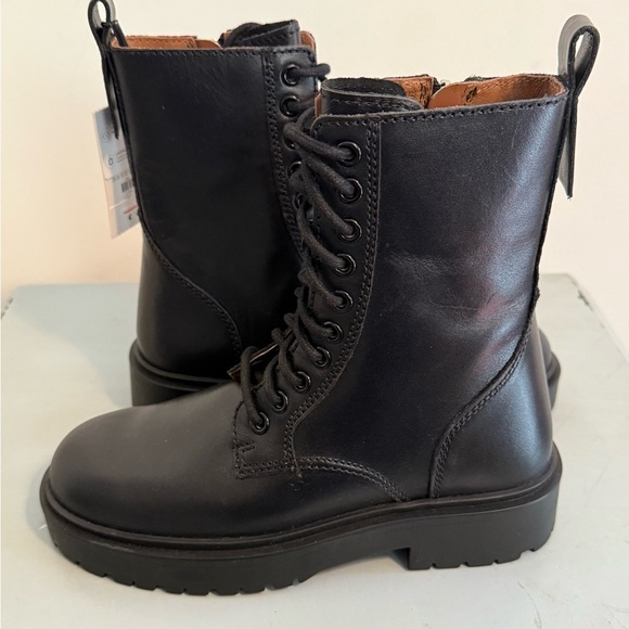 NWT Zara Black Leather Lace-Up Combat Ankle Punk Moto Boots Shoes Size 35 l US 5 - Picture 3 of 8